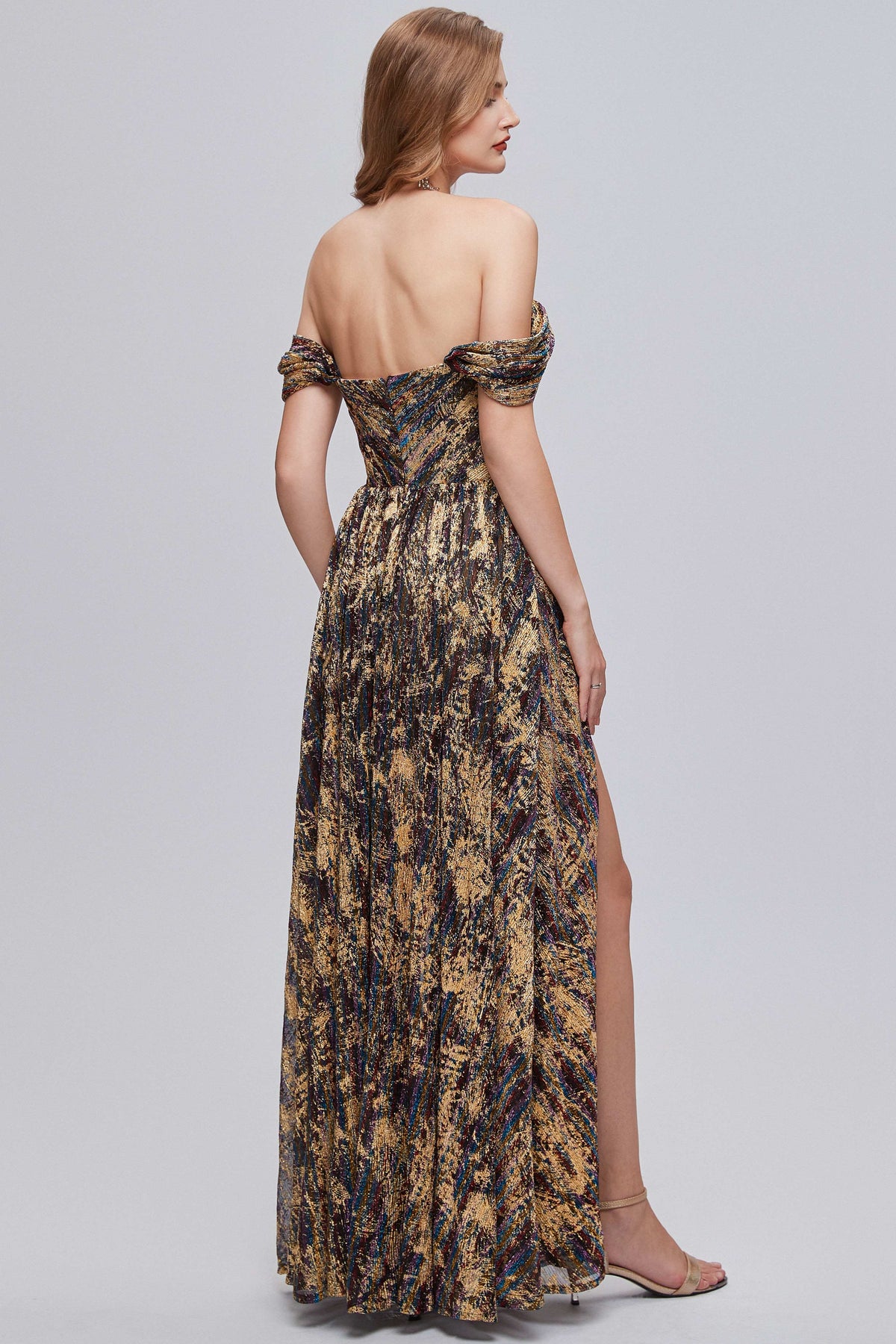 Black and Brown Floral Print Off-the-Shoulder A-Line Long Prom Dress