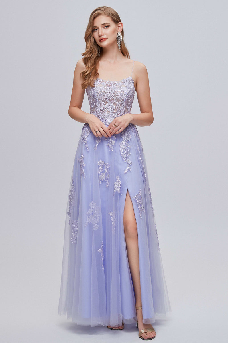 Lilac Appliques Lace-Up A-Line Long Prom Dress with Slit