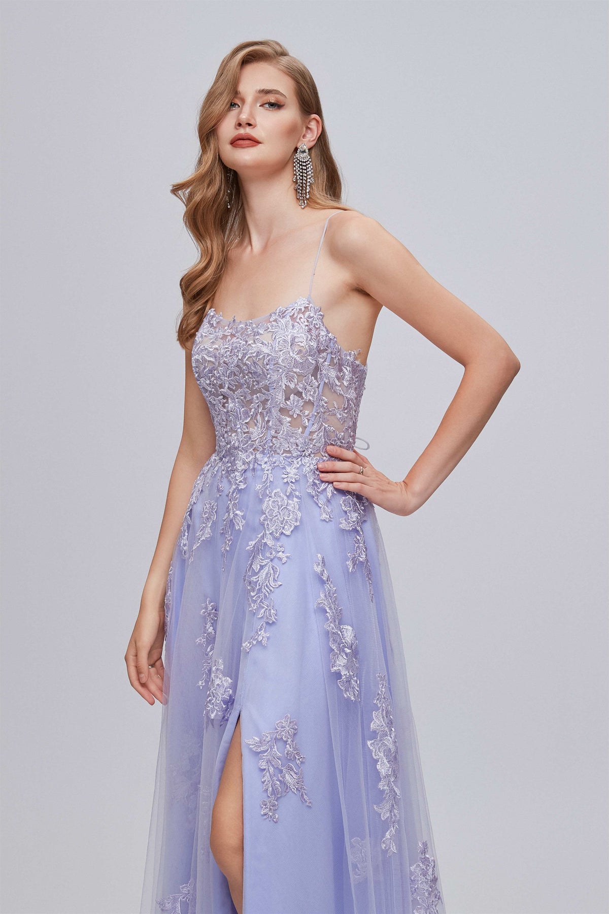 Lilac Appliques Lace-Up A-Line Long Prom Dress with Slit