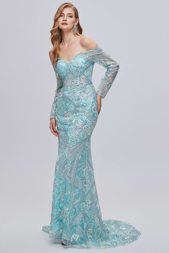 Aqua Blue Off-the-Shoulder Long Sleeve Mermaid Evening Dress