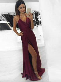 Sexy A-line Halter Burgundy Long Prom Dress with Slit