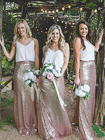 Two Piece Rose Gold Sequins Mermaid Long Bridesmaid Dress