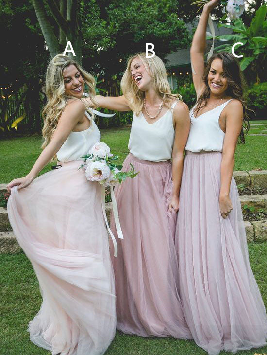 Gorgeous Two Piece Pink Tulle Long Bridesmaid Dress with White Top