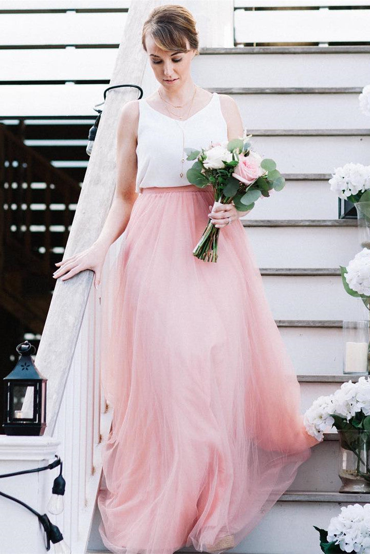 Gorgeous Two Piece Pink Tulle Long Bridesmaid Dress with White Top