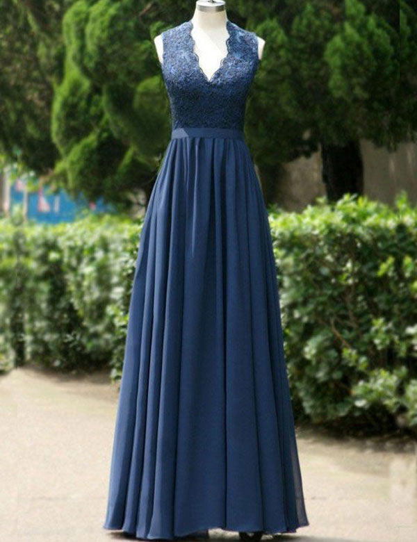 Modest A-Line Navy Blue Long Chiffon Bridesmaid Dress