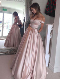Simple A-line Off the shoulder Pink Long Prom Dress with Pockets