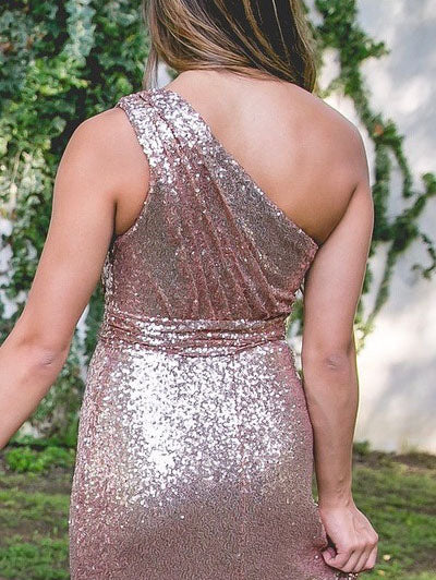 Sparkly One Shoulder Rose Gold Sequins Bridesmaid Dress