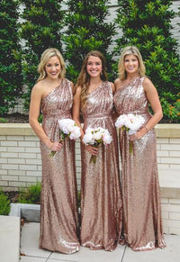 Sparkly One Shoulder Rose Gold Sequins Bridesmaid Dress
