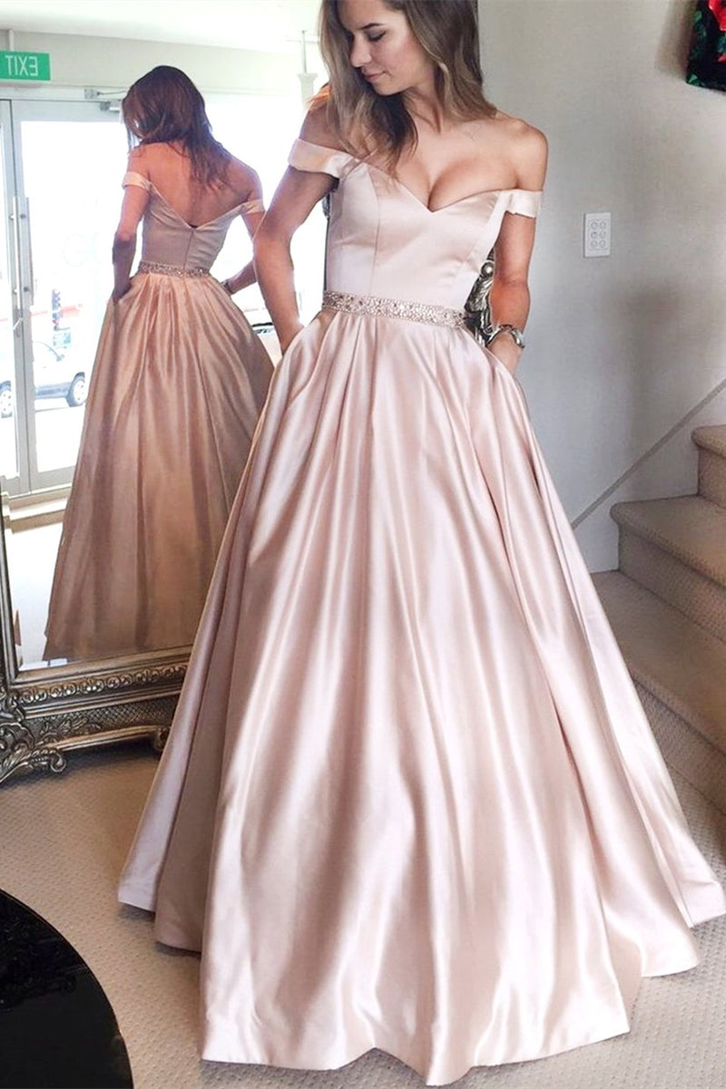 Simple A-line Off the shoulder Pink Long Prom Dress with Pockets