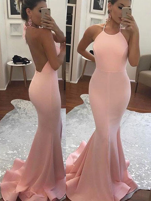 Pink Halter Backless Sweep Train Mermaid Evening Dress