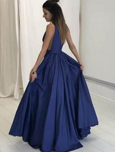 Simple A-line V Neck Long Navy Blue Prom Dress