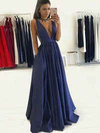 Simple A-line V Neck Long Navy Blue Prom Dress