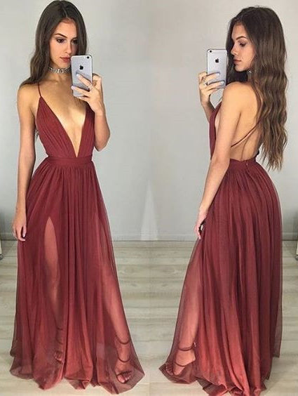 Sexy Deep V Neck Burgundy Long Prom Dress