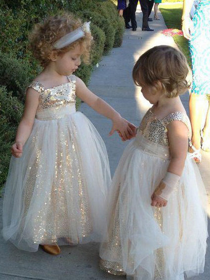 Cute Ball Gown Sparkly Gold and Ivory Flower Girl Dress