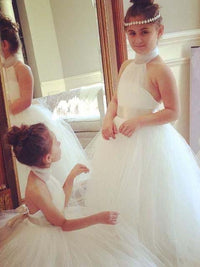 Princess Ball Gown Halter White Tulle Flower Girl Dress