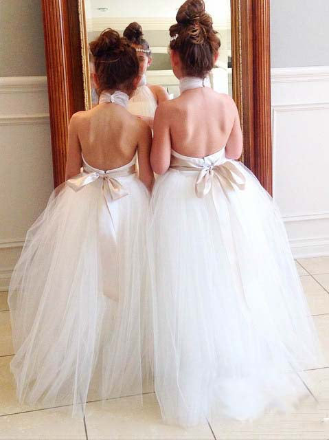 Princess Ball Gown Halter White Tulle Flower Girl Dress