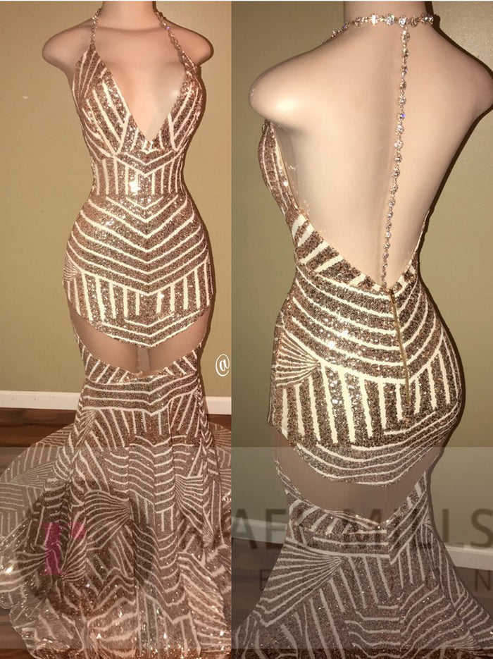 Sexy Mermaid Long Gold Sequins Prom Dress with Backless