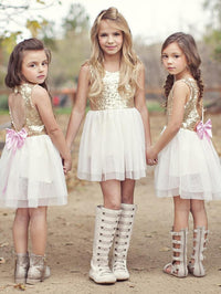 Sequins Short Ivory Flower Girl Dress with Pink Bow