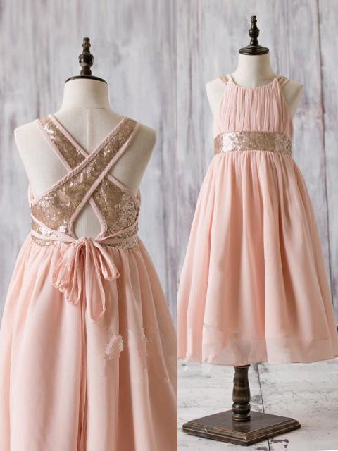 Princess Blush Chiffon Flower Girl Dress with Gold Sequins