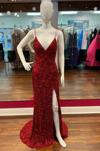 Red Sequin Fringe V-Neck Lace-Up Back Mermaid Long Prom Dress with Slit