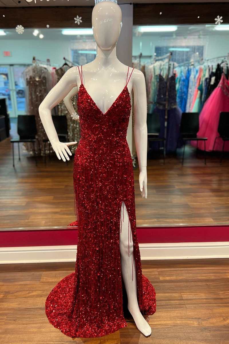 Red Sequin Fringe V-Neck Lace-Up Back Mermaid Long Prom Dress with