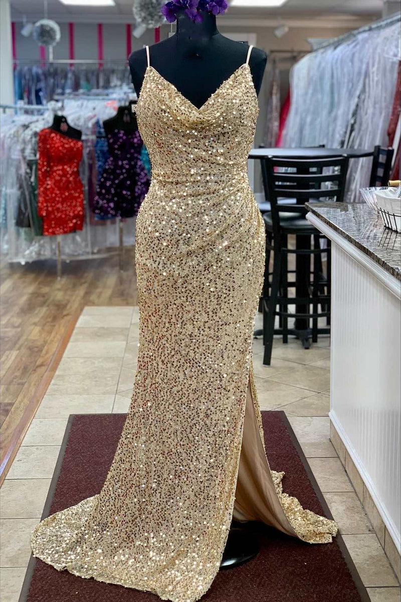 Champagne Sequin Cowl Back Mermaid Long Prom Dress with Slit