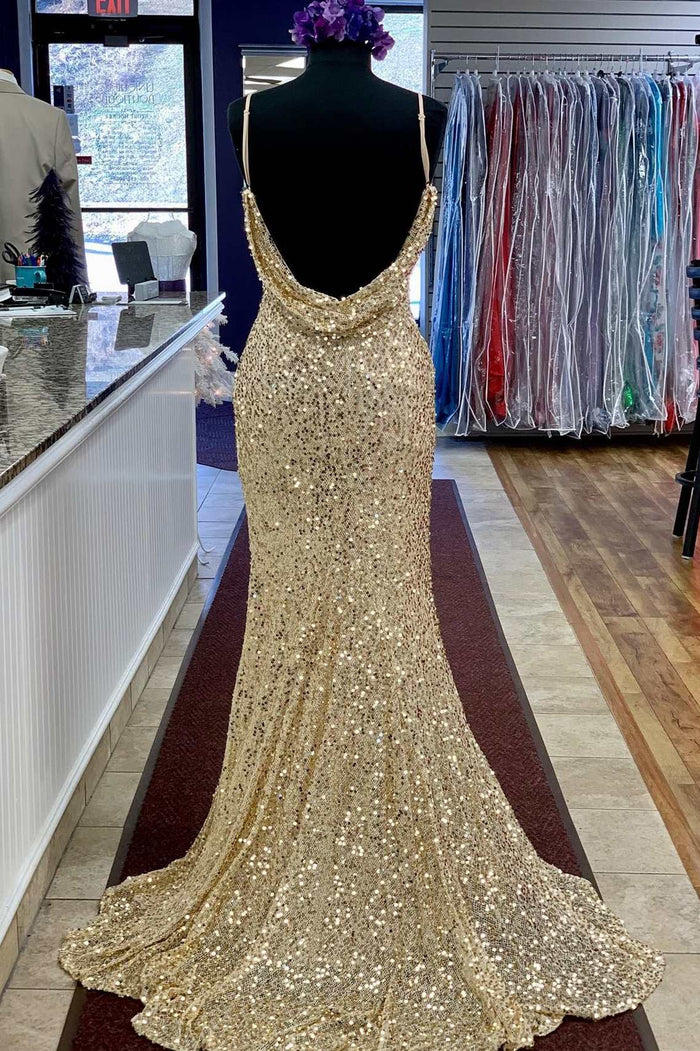 Champagne Sequin Cowl Back Mermaid Long Prom Dress with Slit