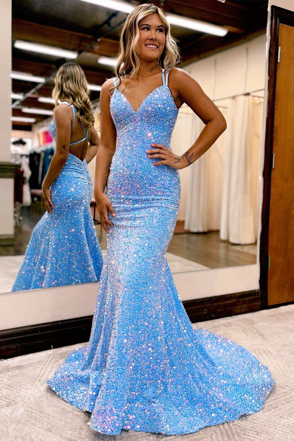 Blue Iridescent V-Neck Cross-Back Mermaid Long Prom Dress – Dreamdressy