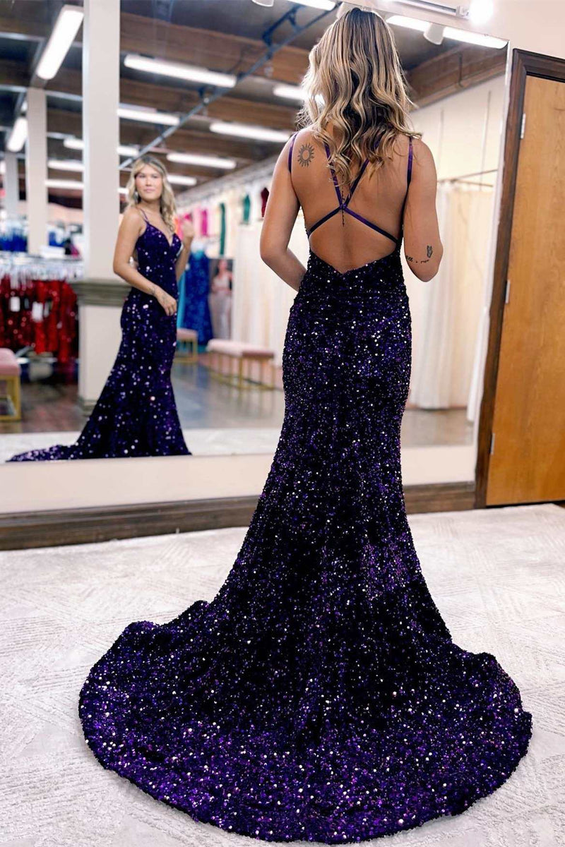 Blue Iridescent V-Neck Cross-Back Mermaid Long Prom Dress