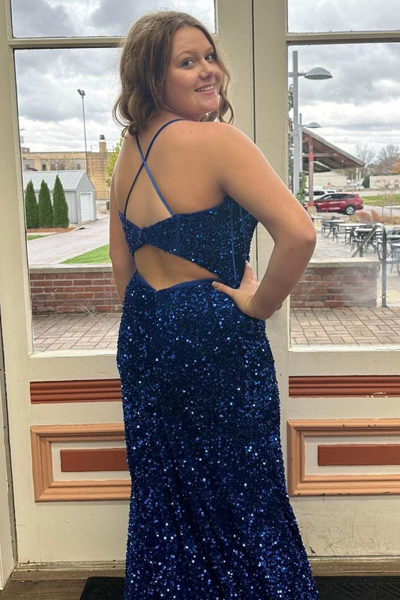 Blue Sequin Sweetheart Backless Long Prom Dress with Slit