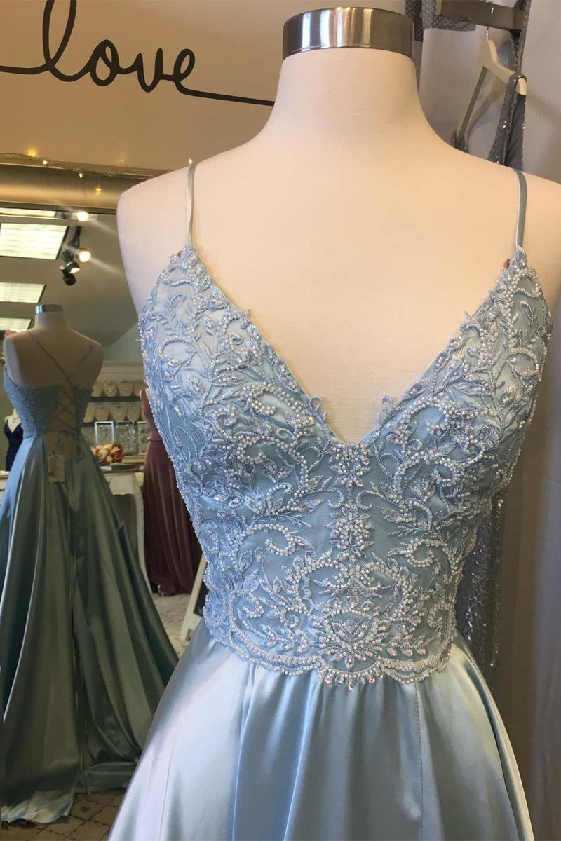 Light Blue Lace Lace-Up Back A-Line Prom Dress with Slit