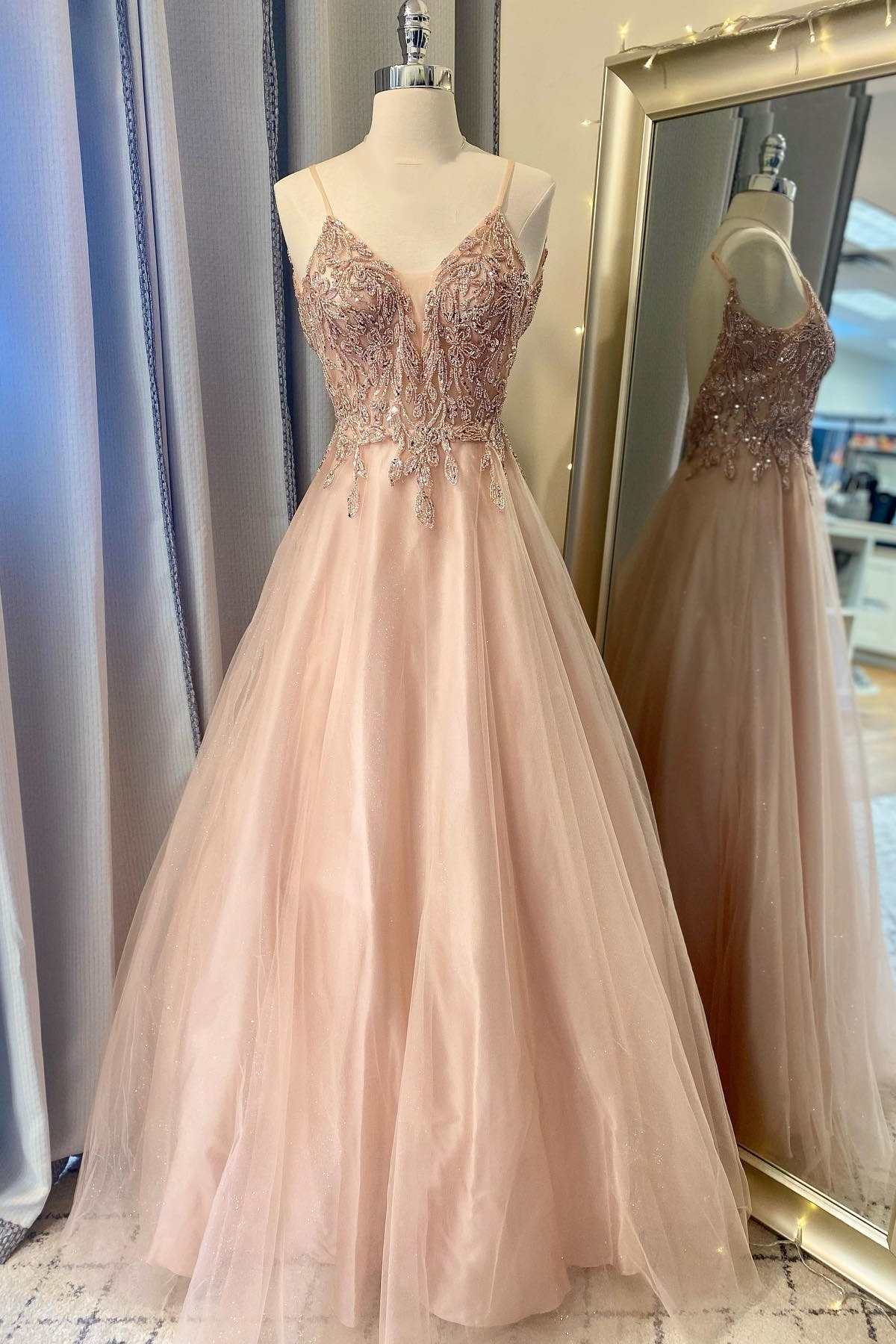 Peach Appliques Open Back A-Line Prom Dress