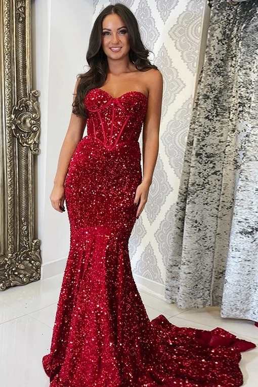Red Sequin Corset-Top Mermaid Long Prom Gown