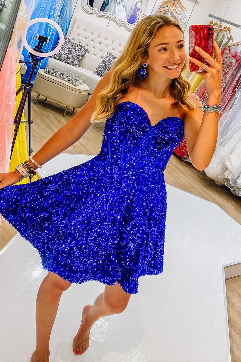 Blue Sequin Sweetheart A-Line Short Homecoming Dress