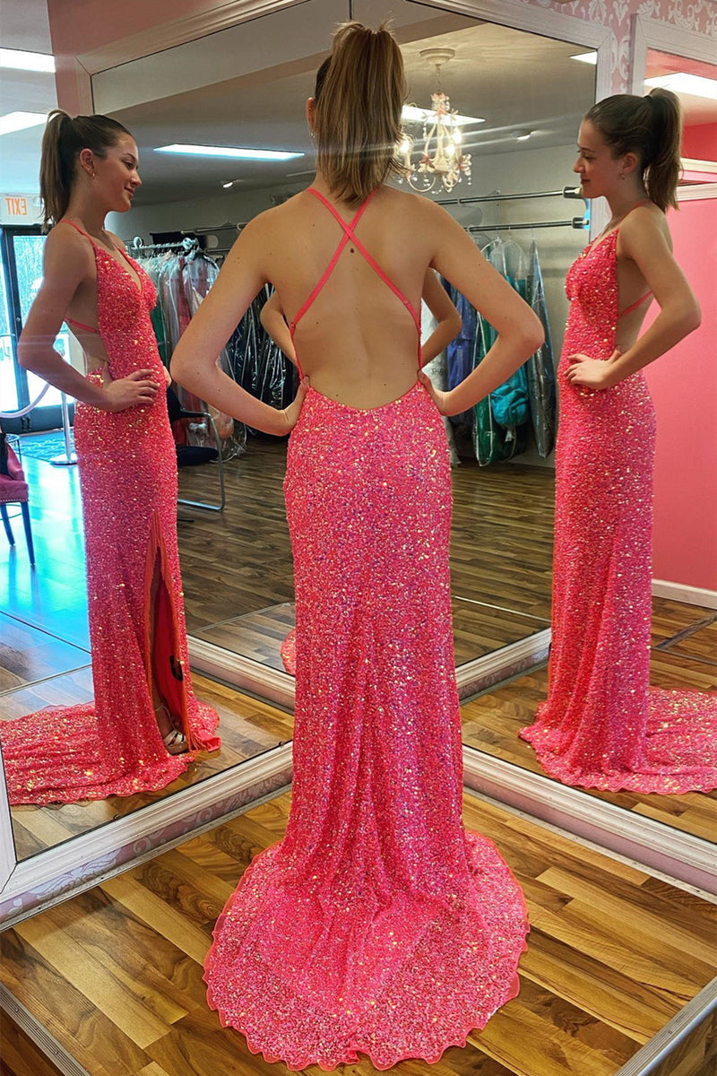 Hot Pink Mermaid V Neck Sequins Crossed Back Long Prom Dress with Slit