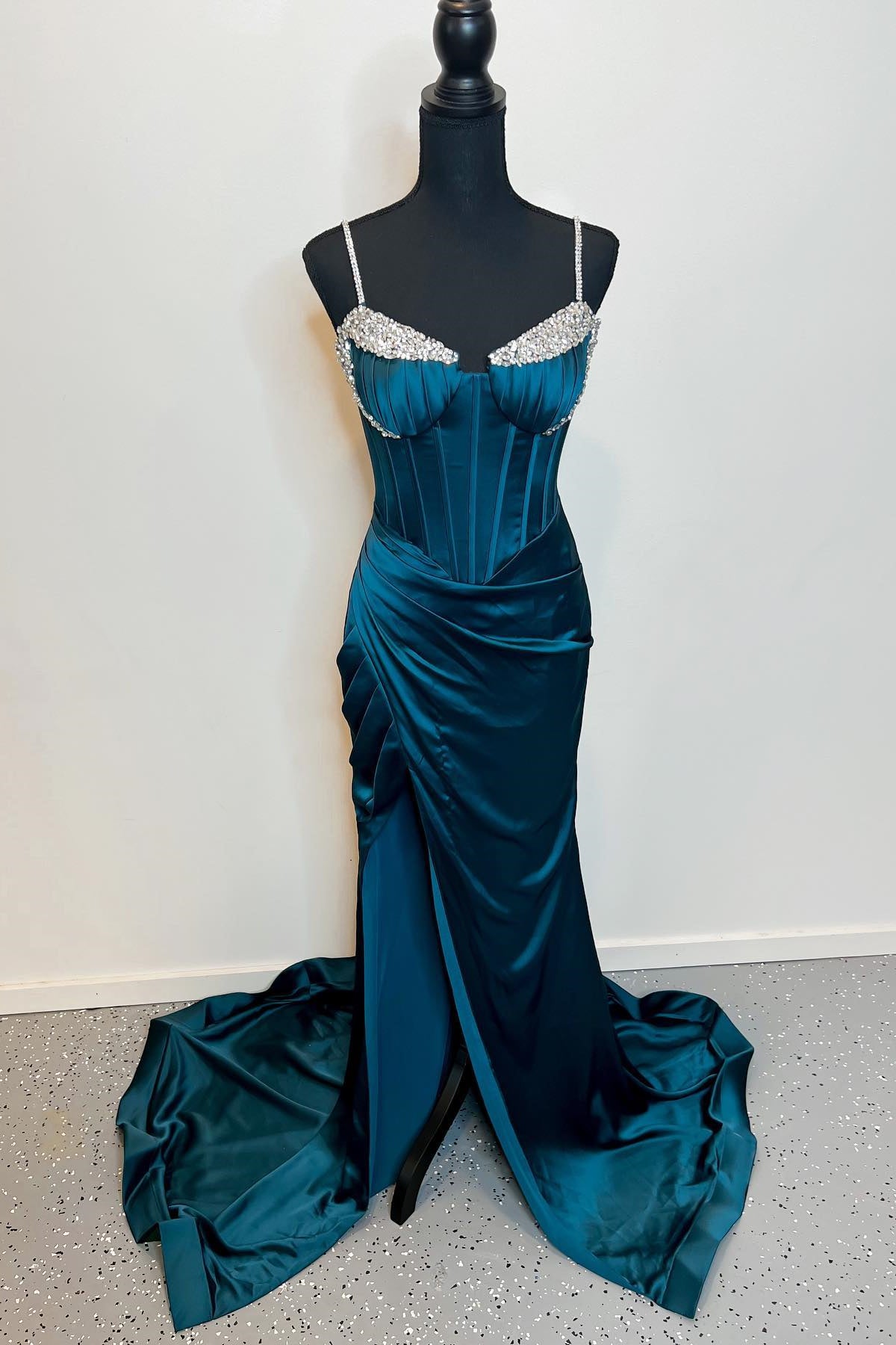 Dark Blue Mermaid Beaded Pleated Satin Long Prom Dress with Slit