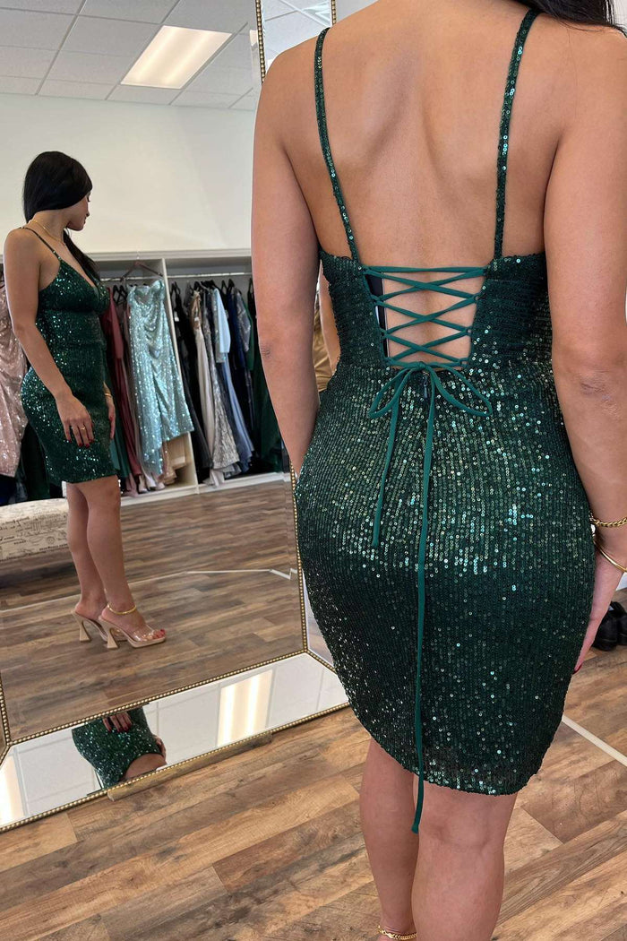 Dark Green Sequin Plunge V Lace-Up Back Short Party Dress