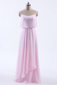Pink Flounce Chiffon Straps A-line Long Bridesmaid Dress