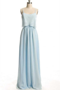 Dusty Blue Chiffon Spaghetti Straps Ruffled Long Bridesmaid Dress