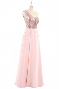 One-Shoulder Sequin and Chiffon A-Line Long Bridesmaid Dress