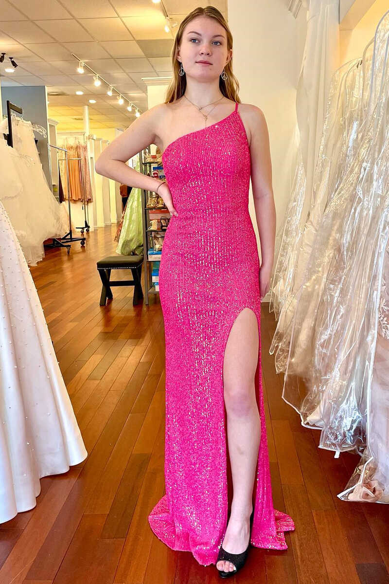 Hot Pink Sequins One-Shoulder Long Prom Dress with Slit