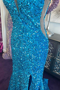 Blue Sequin Plunge V Mermaid Long Prom Dress with Slit
