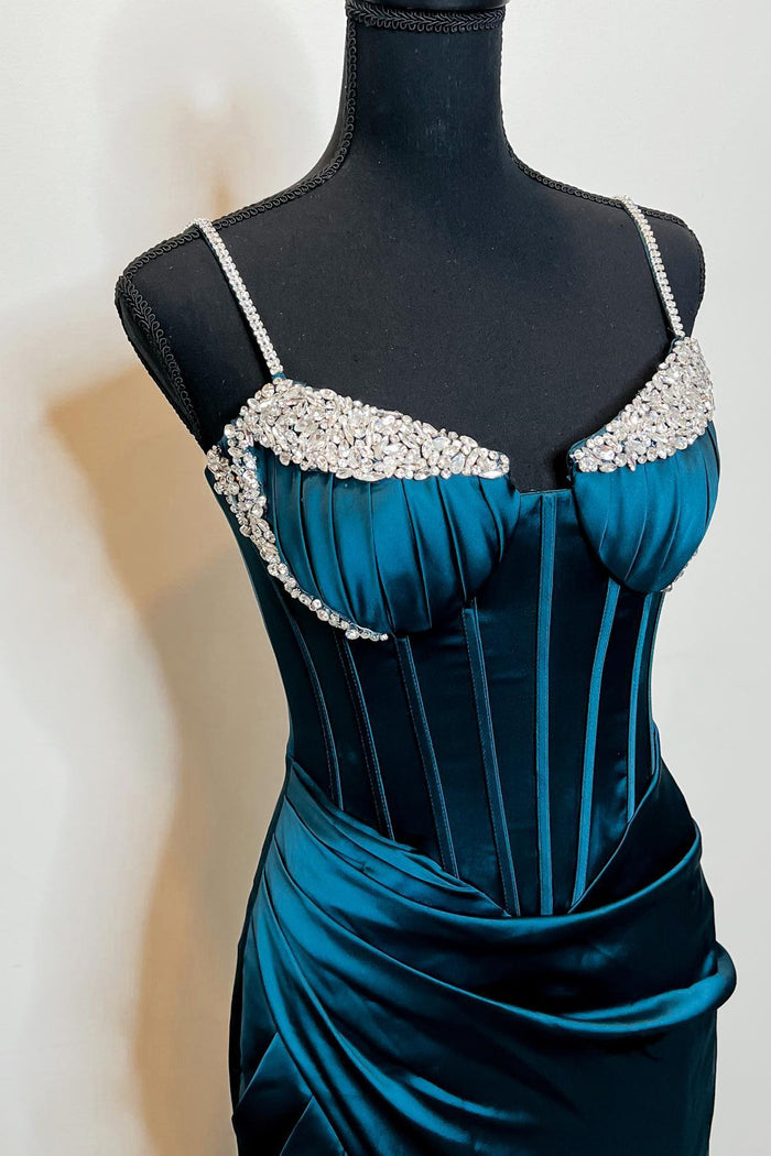 Dark Blue Mermaid Beaded Pleated Satin Long Prom Dress with Slit