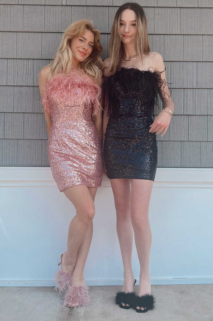 Sequin Strapless Feather Bodycon Mini Homecoming Dress