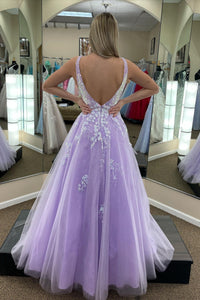 Lilac Tulle A-line V Neckline Backless Applique Long Prom Dress