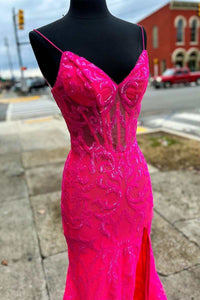 Neon Pink Floral Lace V-Neck Mermaid Long Formal Dress with Slit