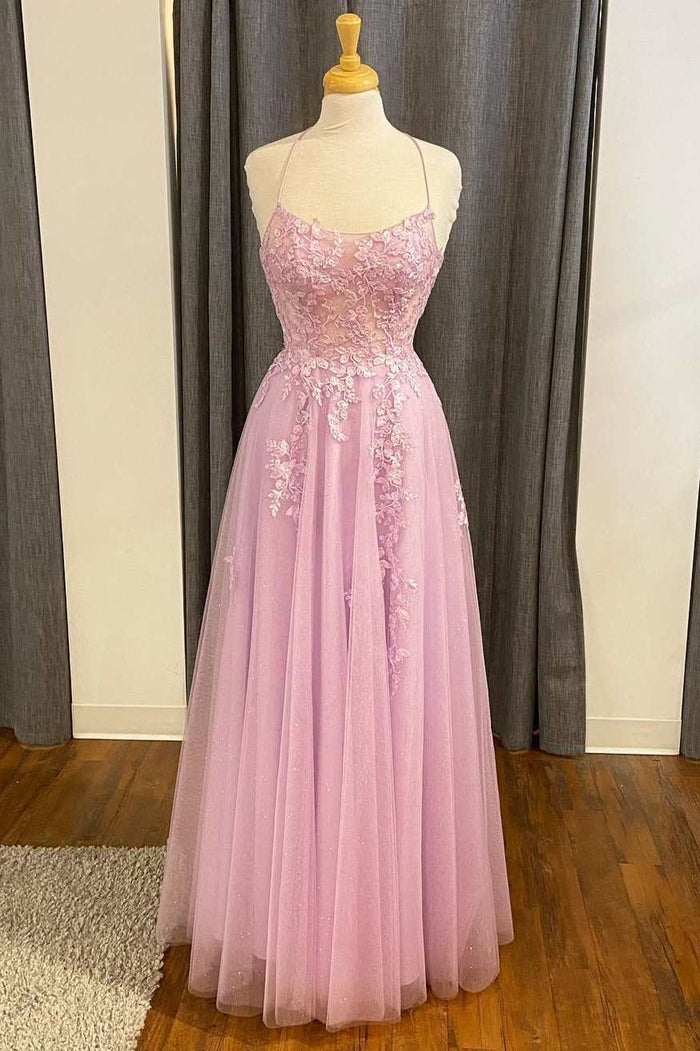 Pink Lace Tulle Lace-Up Back A-Line Prom Dress
