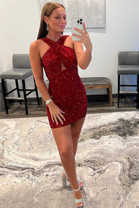 Chic Red Sequins Cross-Front Mini Homecoming Dress