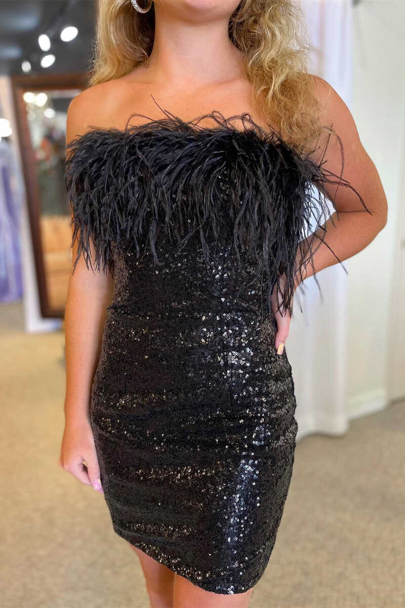 Sequin Strapless Feather Bodycon Mini Homecoming Dress