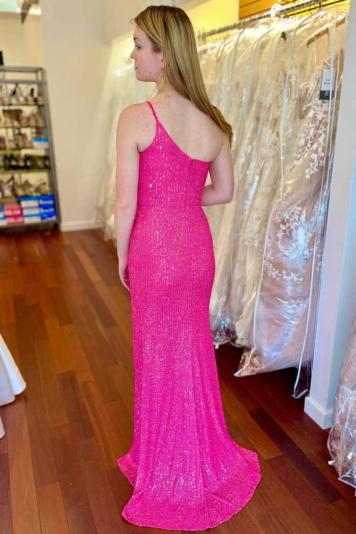 Hot Pink Sequins One-Shoulder Long Prom Dress with Slit